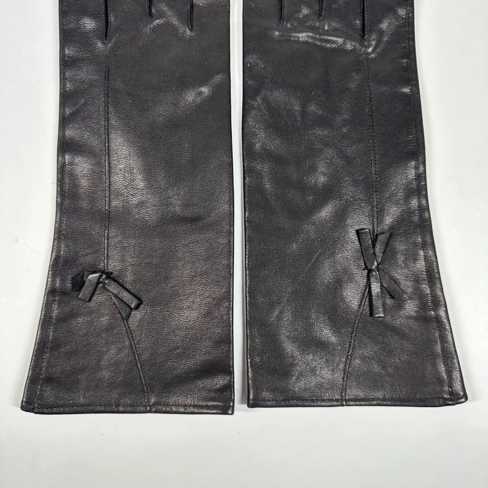 Vintage Black Leather Gloves Bow Detail Lined Japan Formal Evening Womens Size A